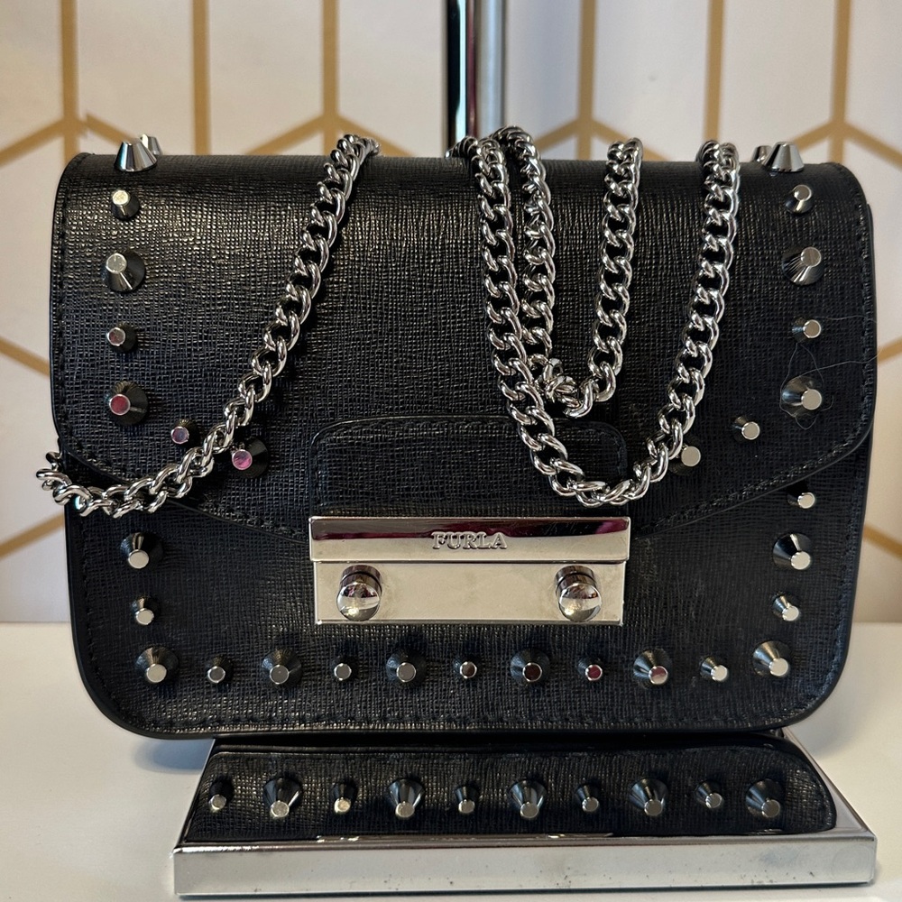 EUC: Furla Mini Silver Studded Julia Handbag. Beautiful inside and out.